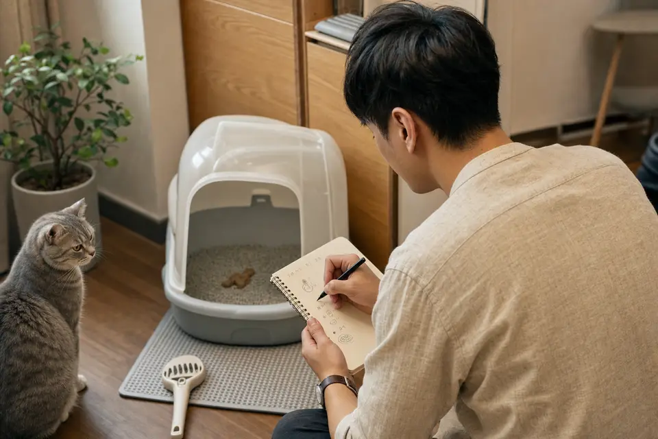 飼主在筆記本記錄貓咪腹瀉次數與便便外觀，旁邊有貓砂盆和貓咪（示意圖）