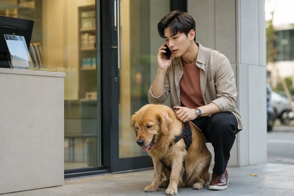 狗狗在飼主身旁,桌上放著巧克力與葡萄包裝,旁邊是動物醫院電話紀錄