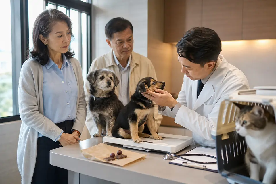 幼犬、高齡犬與貓咪在動物醫院候診區由飼主陪同,呈現不同生命階段需要個別評估