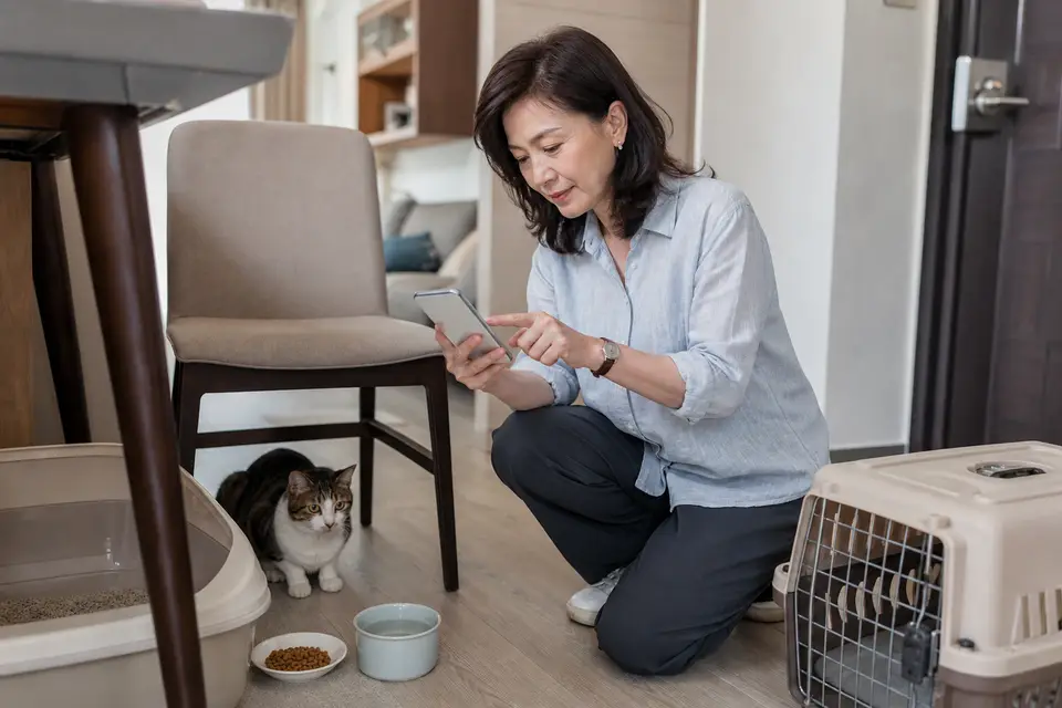 貓咪躲在紙箱內，飼主在旁邊觀察呼吸並準備聯絡動物醫院