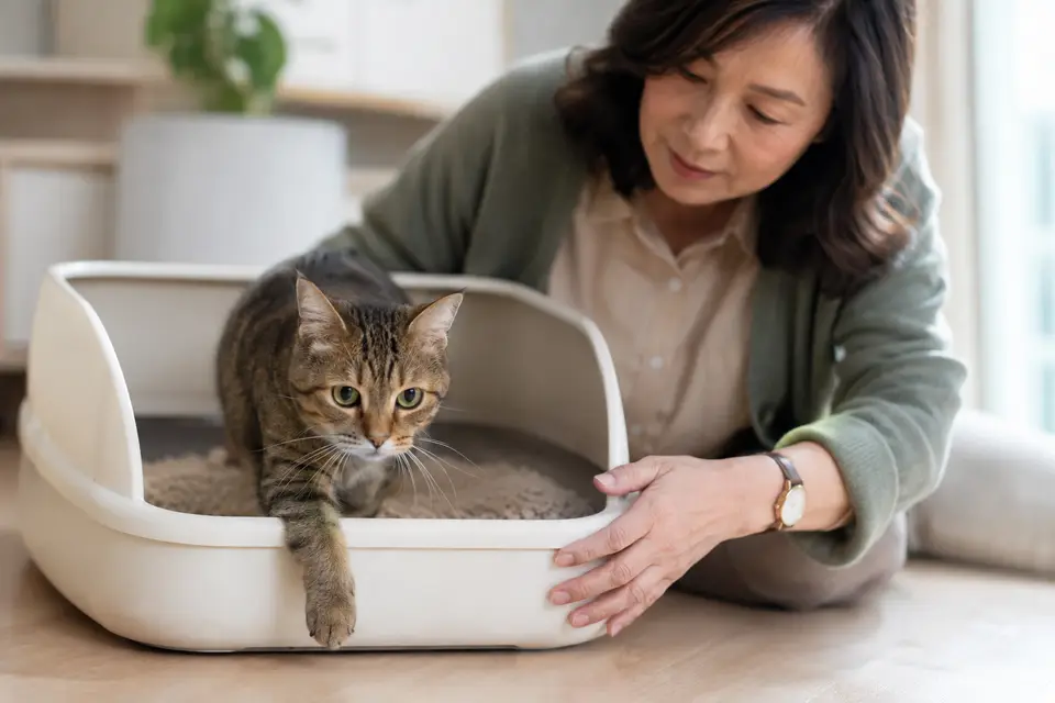 三種不同材質的貓砂與貓砂盆並排放置,飼主準備比較並逐步換砂