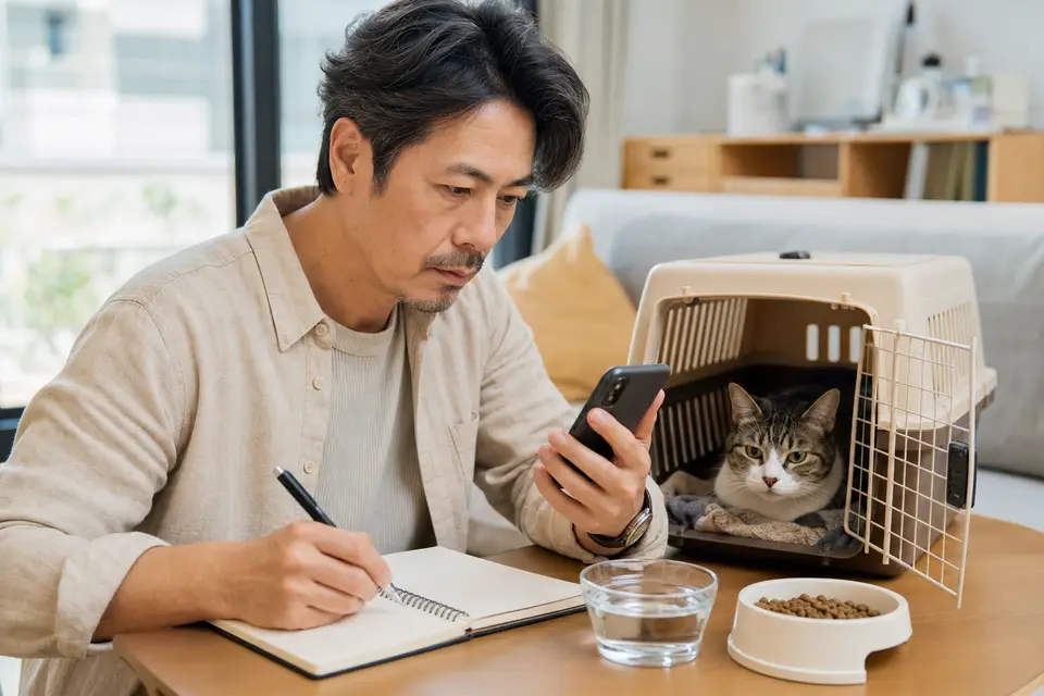 飼主用手機記錄貓咪飲水、進食、排尿與嘔吐狀況,旁邊放著外出籠(示意圖)