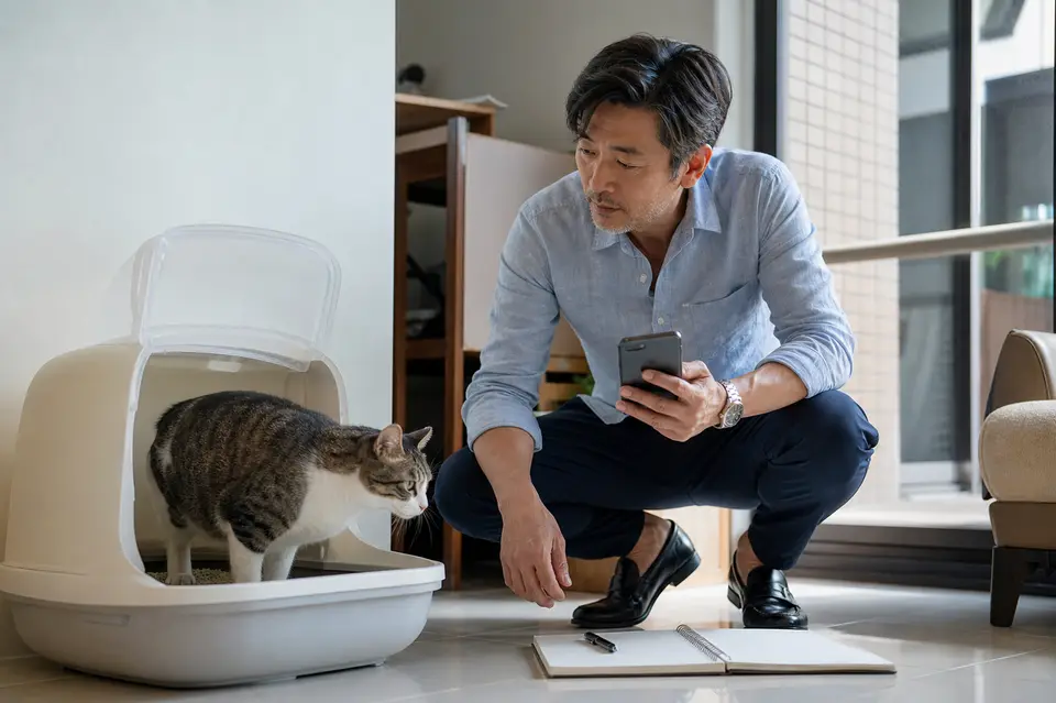 貓咪在貓砂盆旁由飼主觀察排尿狀況,準備聯絡動物醫院