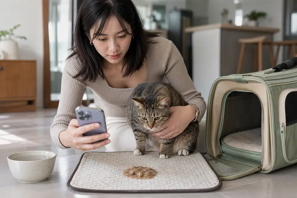 飼主用手機記錄貓咪嘔吐物與時間,旁邊放著外出籠和飲水(示意圖)