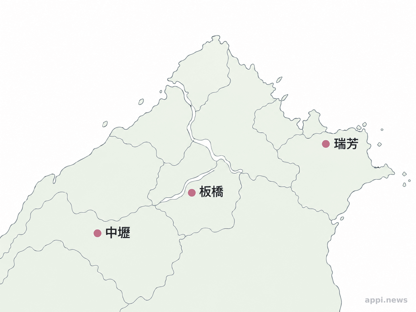 簡易北台灣地圖標出瑞芳、板橋與中壢三處據點