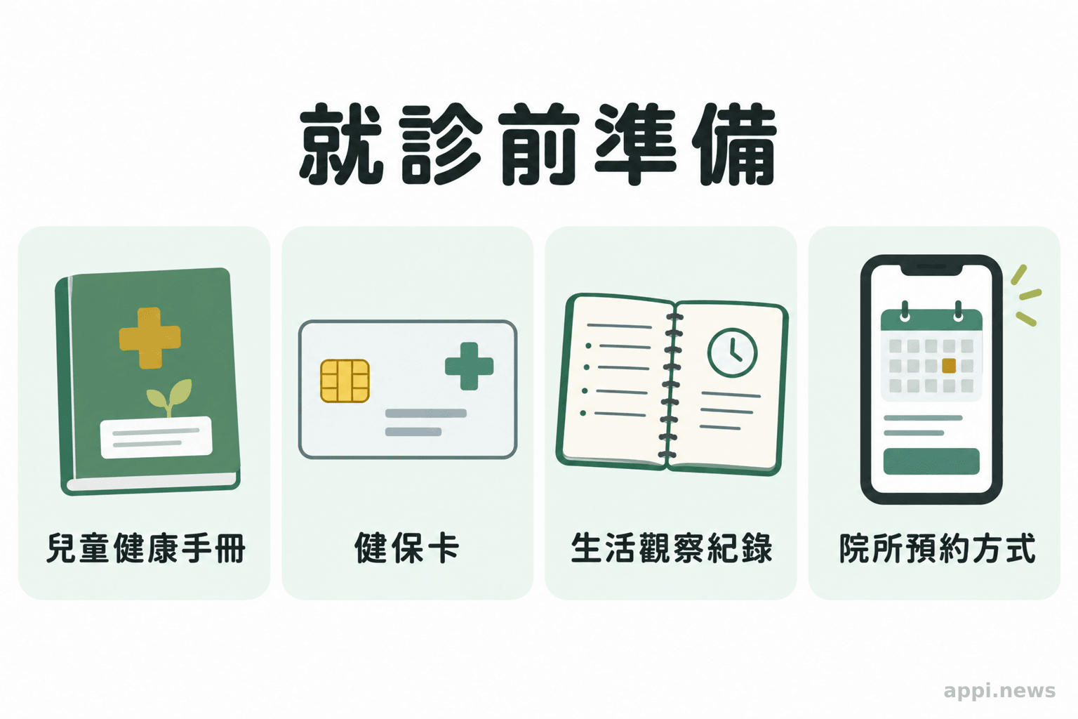 兒童健康手冊、健保卡、照顧者觀察筆記與手機預約提醒並列擺放