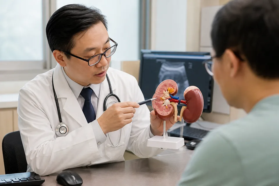 醫師以腎臟模型說明慢性腎臟病示意