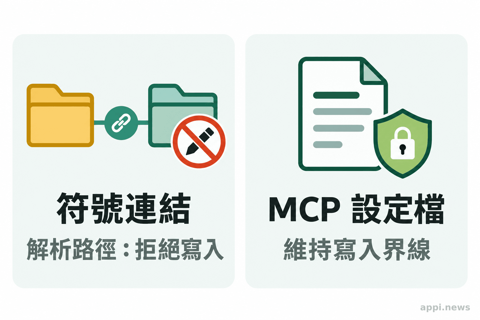 符號連結解析後的拒絕寫入路徑與受保護的 MCP 設定檔示意