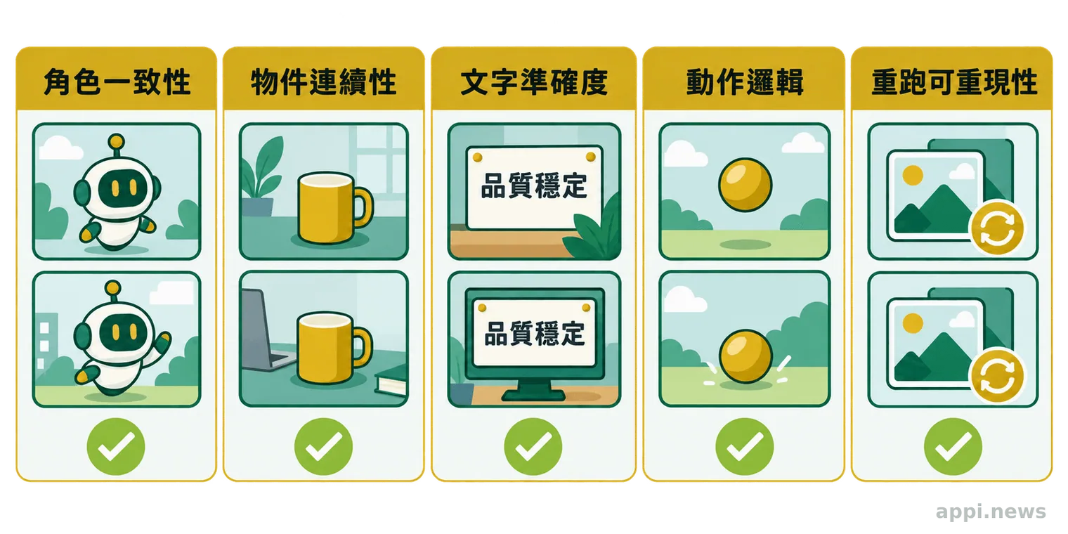 五個並列檢查區塊分別比較角色一致性、物件連續性、文字準確度、動作邏輯與重跑可重現性。