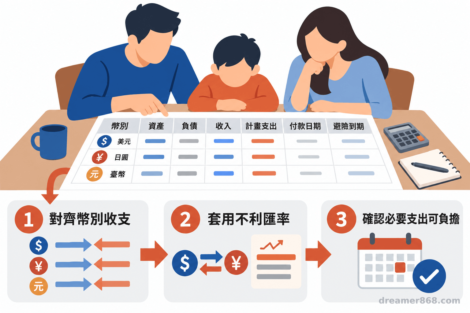 一家人查看列有幣別、資產、負債、收入、支出日期與避險期限的現金流表,並檢查不利匯率情境。