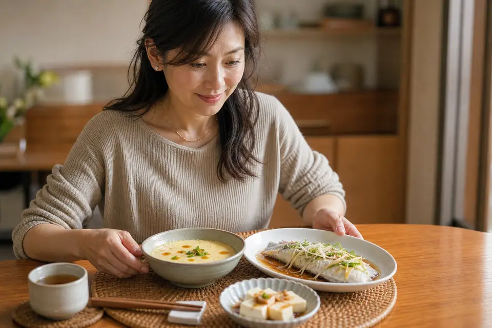 女性準備魚肉、豆腐與湯品