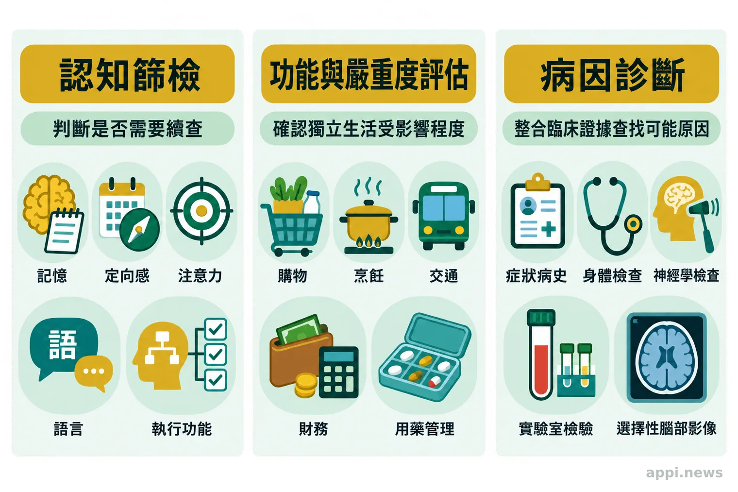 三欄資訊圖並列認知篩檢、功能與嚴重度評估,以及整合病史和檢查的病因診斷。
