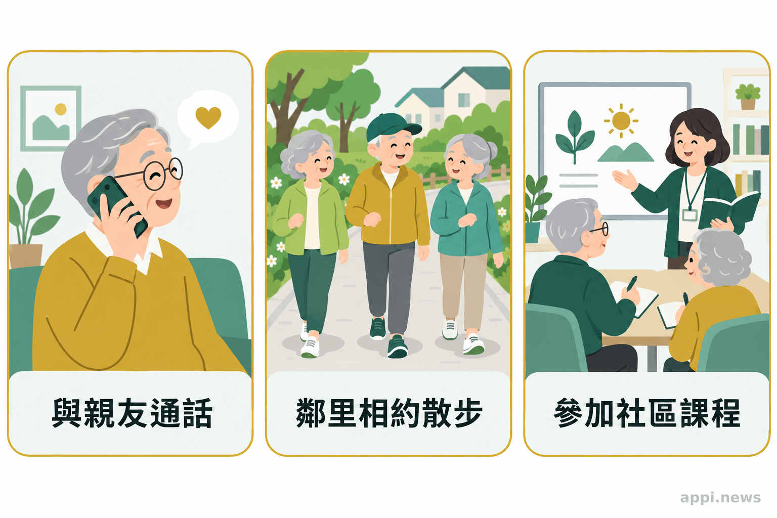 長者以電話聯絡親友、和鄰里散步或參加社區課程