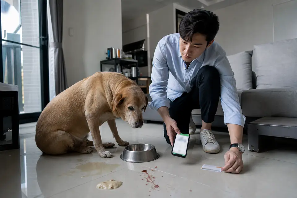 狗狗坐在水碗旁,旁邊放著動物醫院聯絡資訊