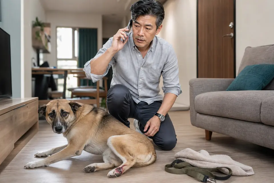 狗狗躺在家中地面,飼主拿手機聯絡動物醫院,畫面呈現需要急診的警訊情境