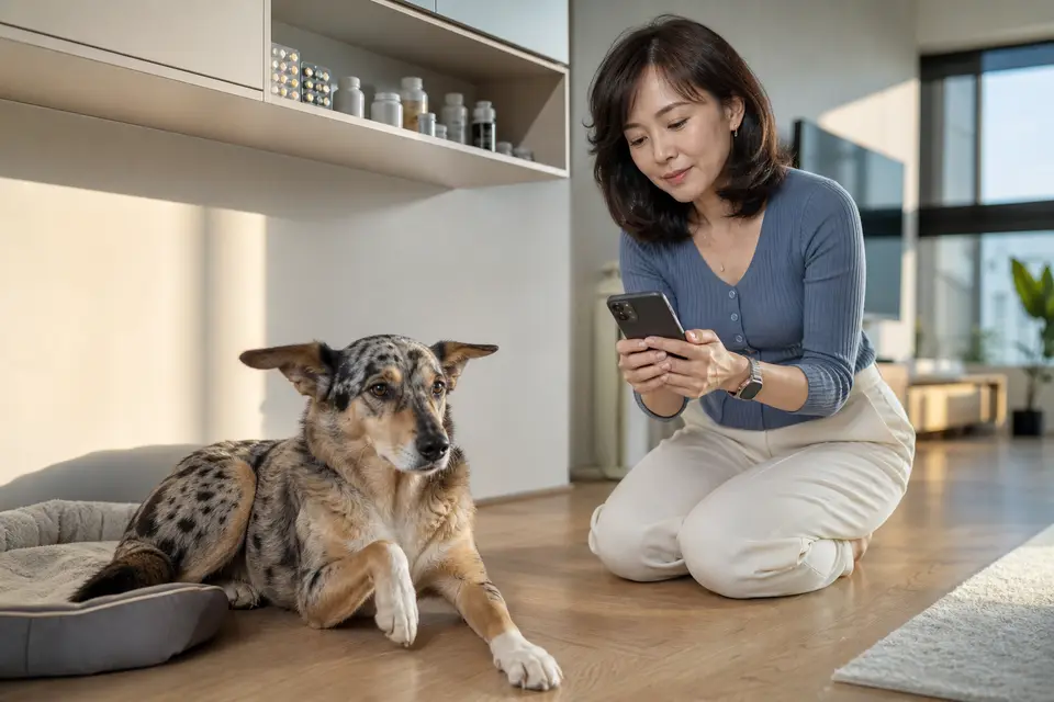 藥品收在高處櫃內,狗狗在地面安全休息,飼主手持手機準備詢問獸醫師,不呈現品牌或藥名