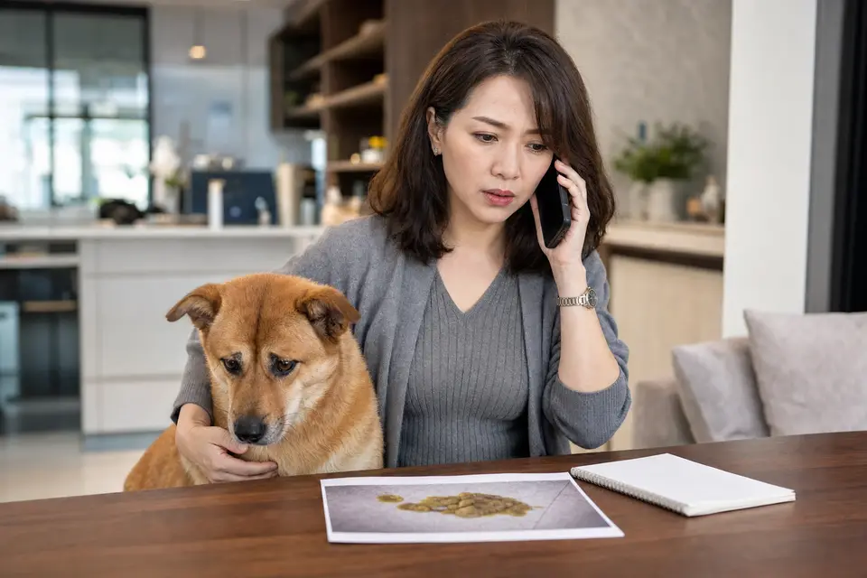 狗狗在飼主陪同下等待聯絡動物醫院,桌上有嘔吐物照片與急診電話紀錄(示意圖)