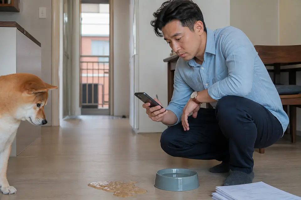 飼主用手機記錄狗狗嘔吐物的顏色與時間,旁邊放著水碗和就醫資料(示意圖)