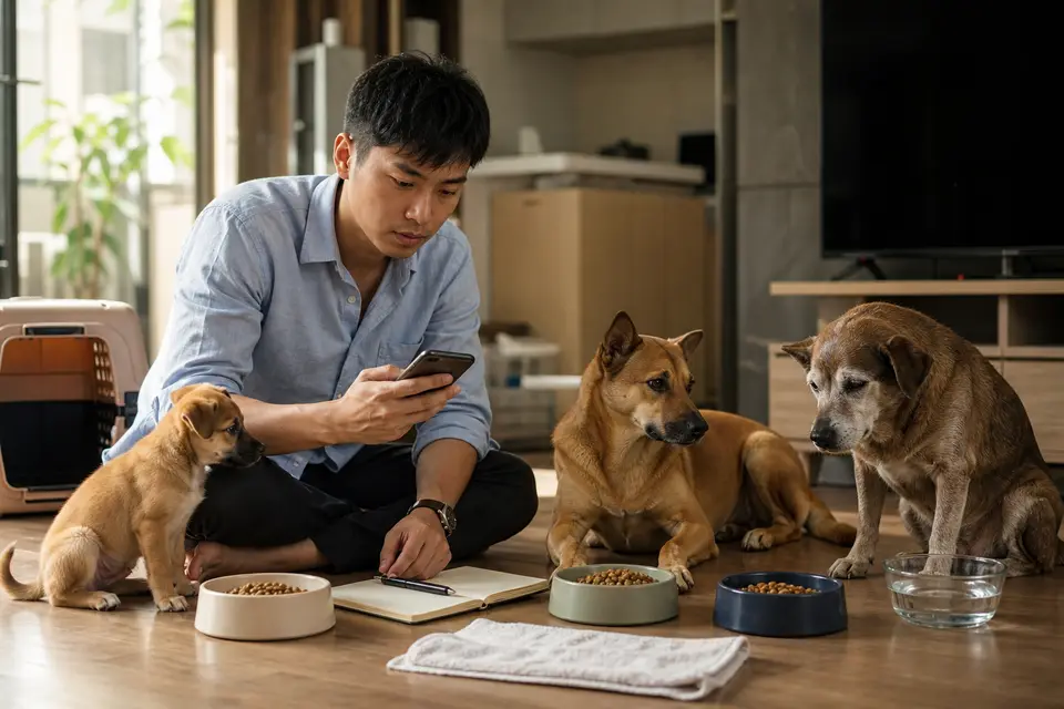 幼犬、成犬與高齡犬由飼主分別記錄飲食和精神狀況,呈現不同生命階段的照護需求(示意圖)