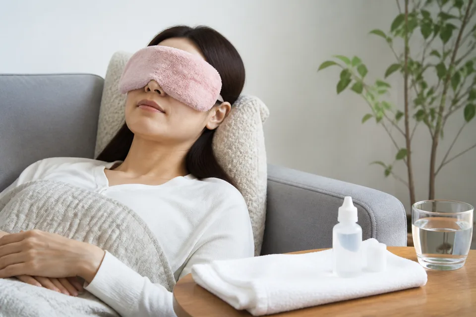 熱敷眼睛與使用人工淚液的護眼日常示意