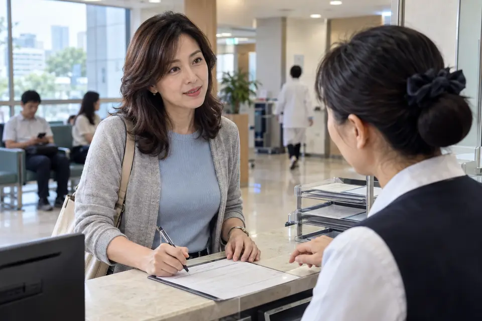 病人在醫院服務櫃台填寫病歷資料申請文件