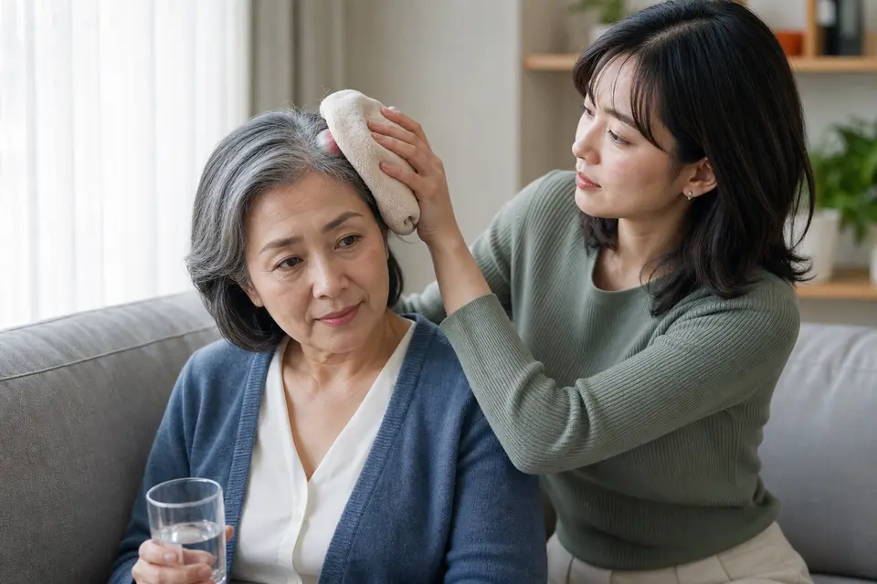 家人陪同長者在家中查看藥袋與頭部傷勢