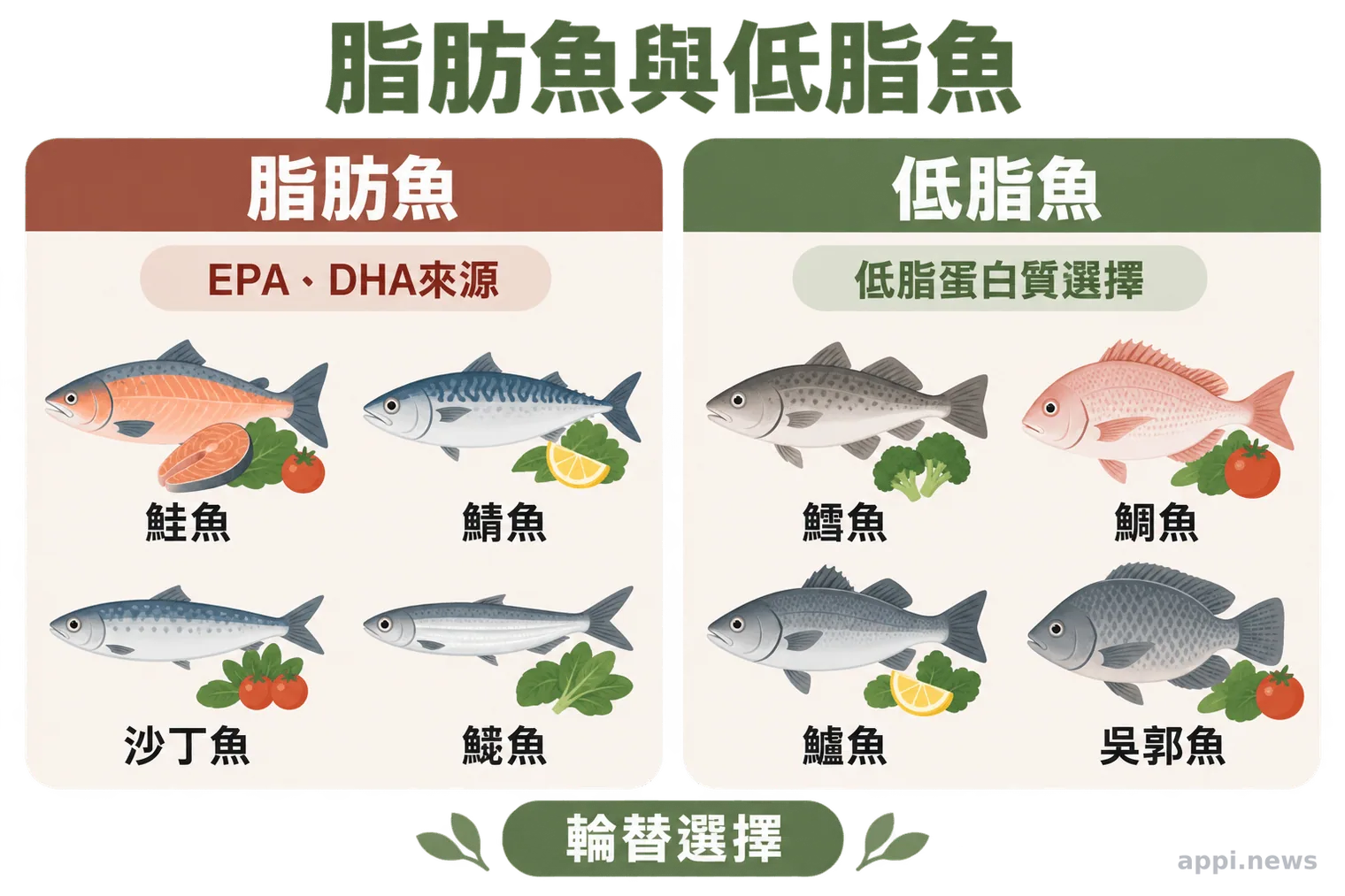 資訊圖以左右兩區比較脂肪魚與低脂魚,分別呈現EPA、DHA來源與低脂蛋白質選擇。