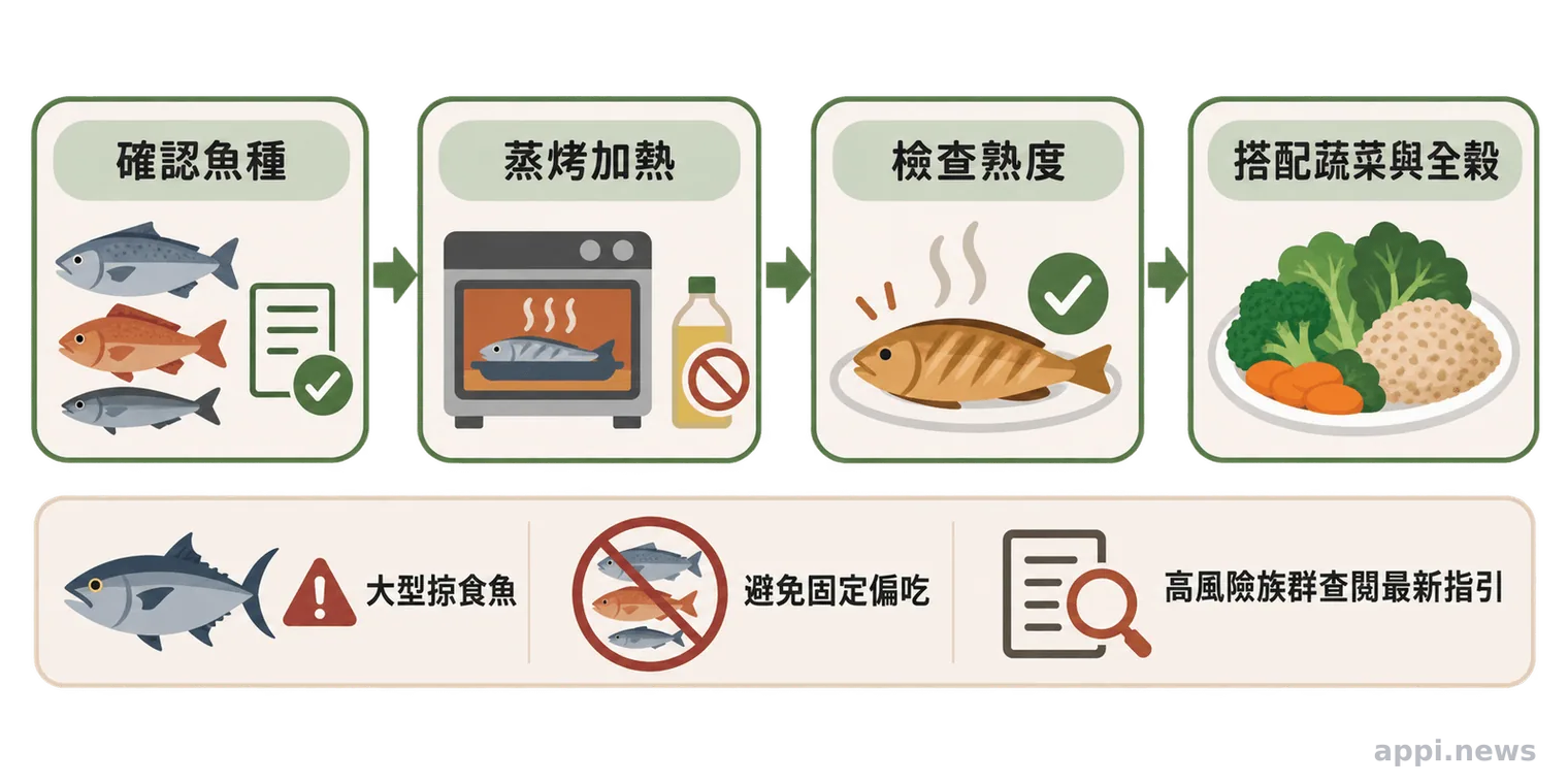 廚房流程圖以箭頭串連確認魚種、蒸烤加熱、檢查熟度與搭配蔬菜主食的步驟,旁邊標示大型掠食魚需避免固定偏吃。