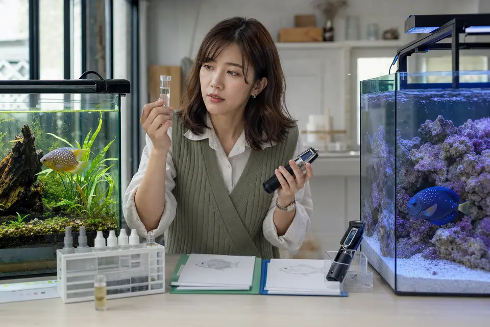 淡水缸與海水缸並列,分別標示水質檢測與魚種紀錄,呈現不同魚缸不可直接套用同一處置
