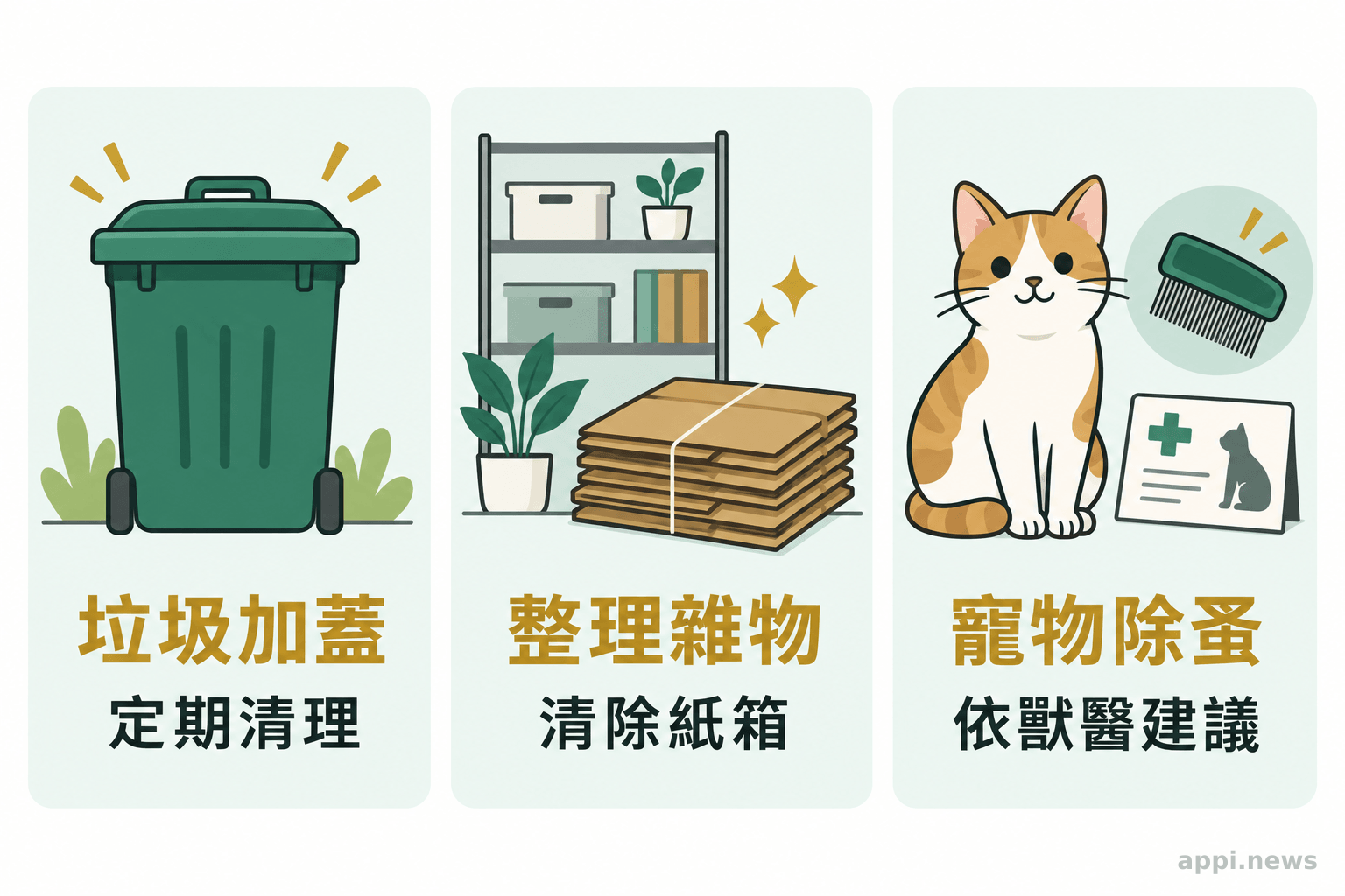 加蓋垃圾桶、整理紙箱與雜物，以及依獸醫建議安排寵物除蚤的三個居家防護做法