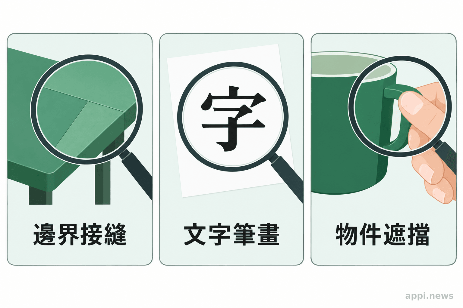 三個局部檢視框分別呈現選區接縫、中文筆畫與前景物件交疊