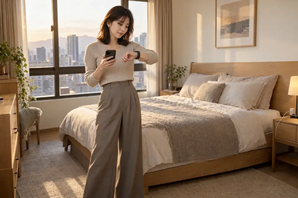 使用者在床邊查看 Garmin 手錶與手機上的睡眠資料（示意圖）