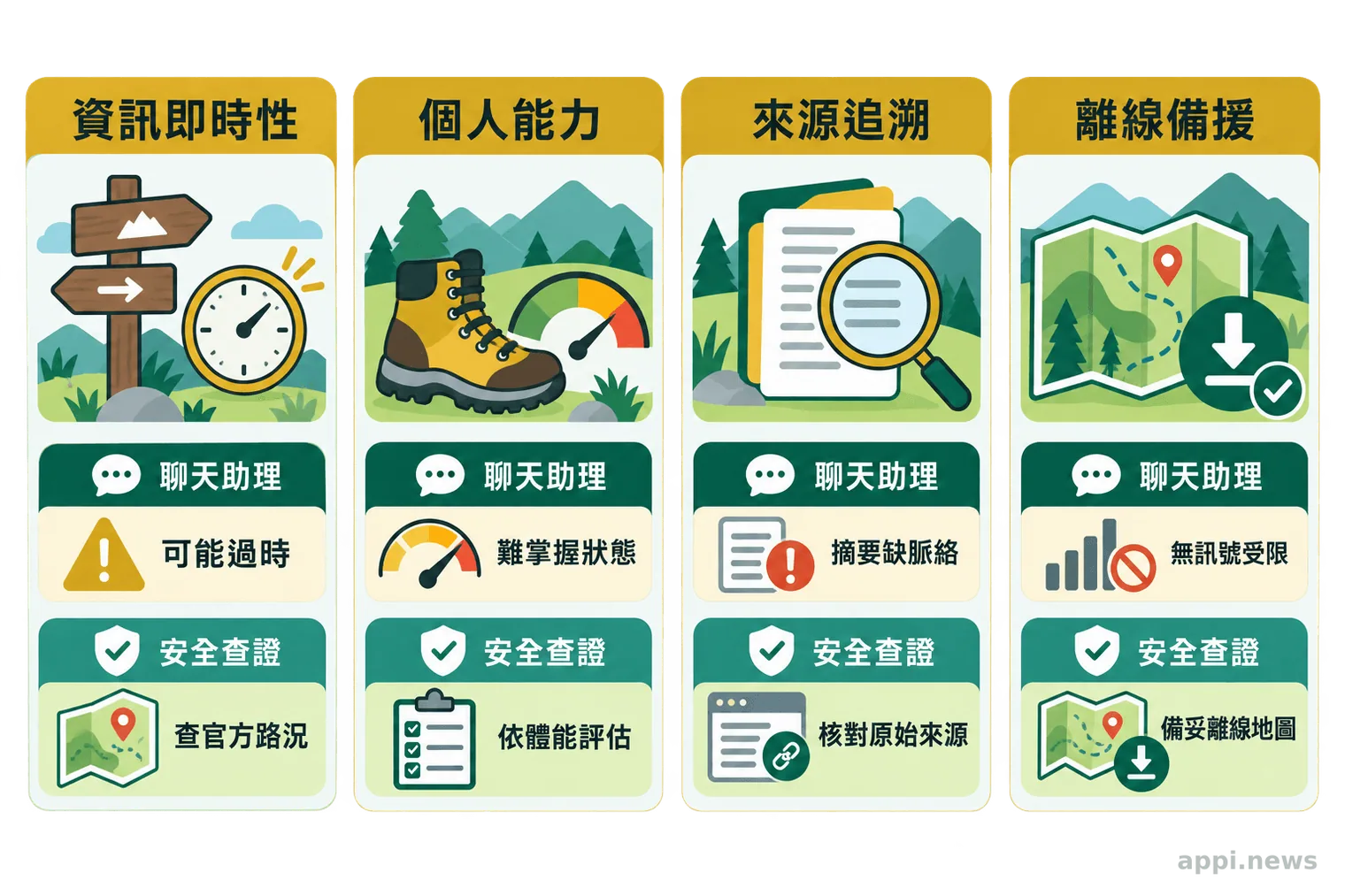 四張並列卡片比較聊天助理與官方及現場查證在資訊即時性、個人能力評估、來源追溯和離線備援上的差異。