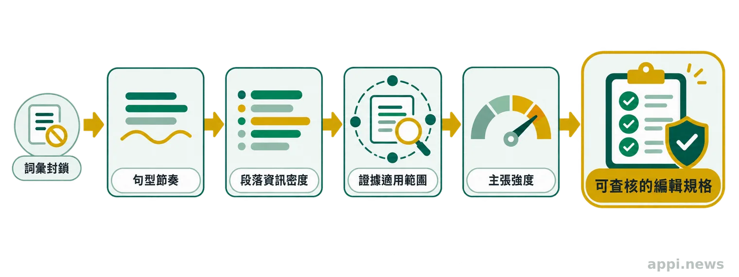 流程圖由詞彙封鎖依序推進至句型節奏、資訊密度、證據範圍與主張強度控制,最後形成可查核的編輯規格。