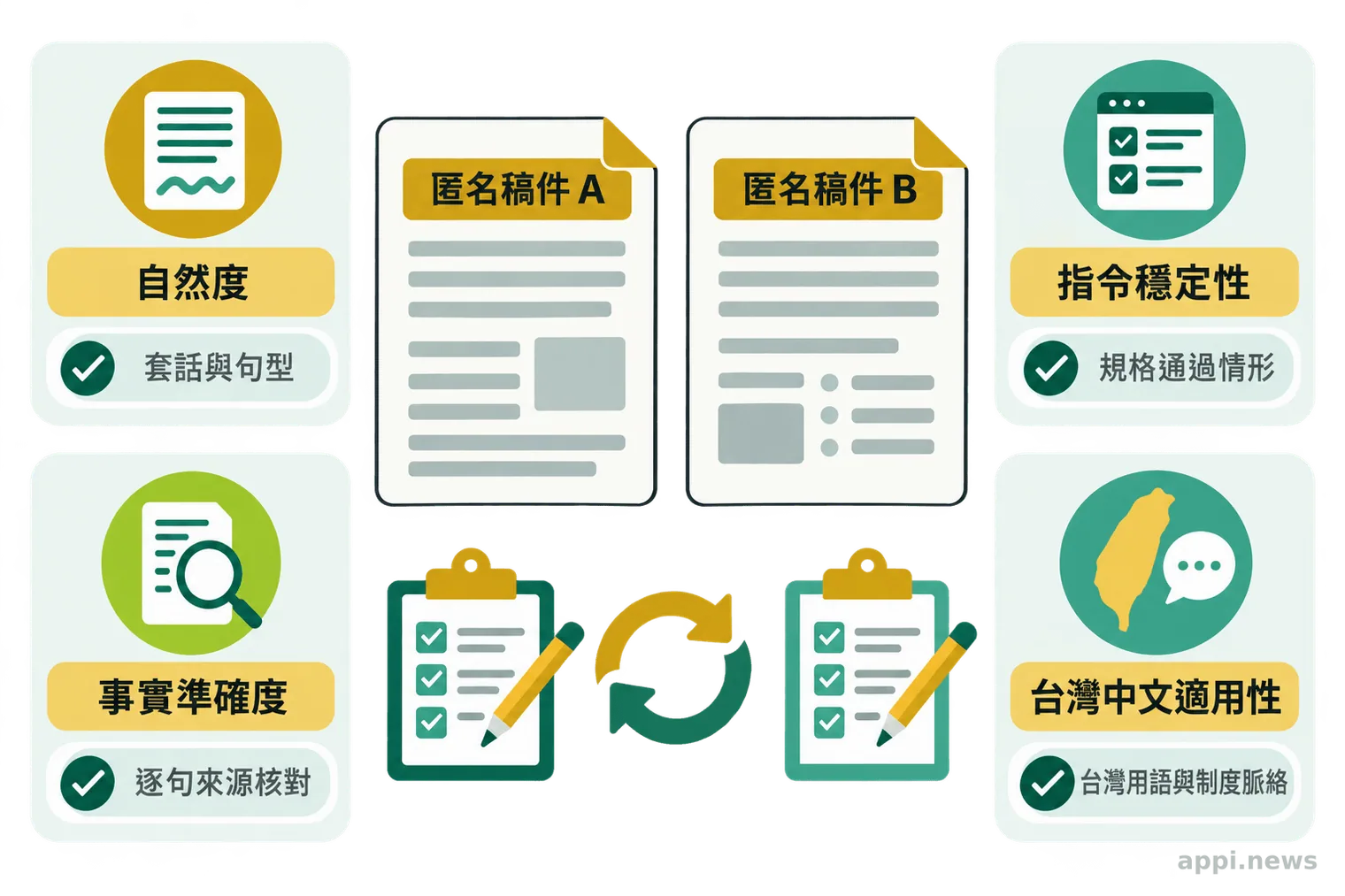 匿名稿件置於中央,周圍並列自然度、指令穩定性、事實準確度與台灣中文適用性四項盲評面向。