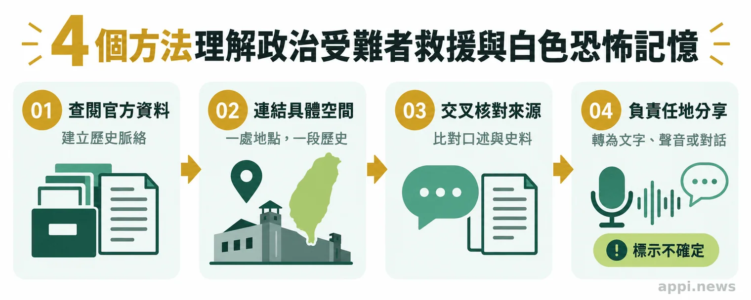 四步驟箭頭流程圖,從查閱官方資料、連結具體空間到交叉核對並負責任地分享。