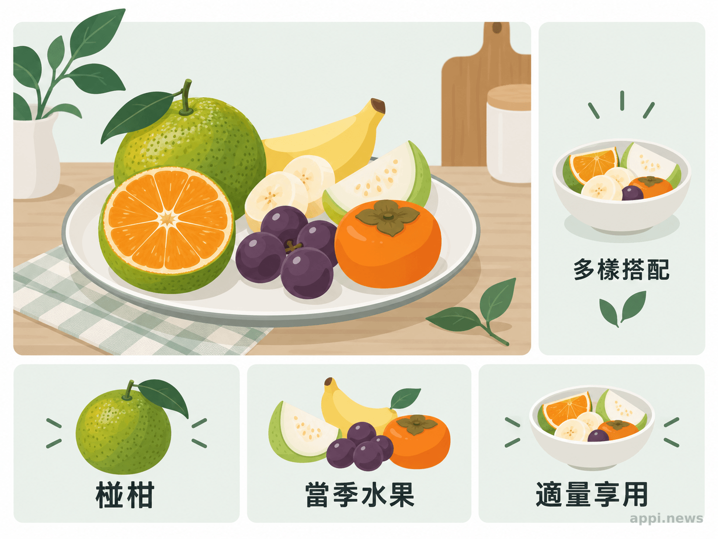 以椪柑搭配其他當季水果的日常飲食示意,呈現多樣與適量原則