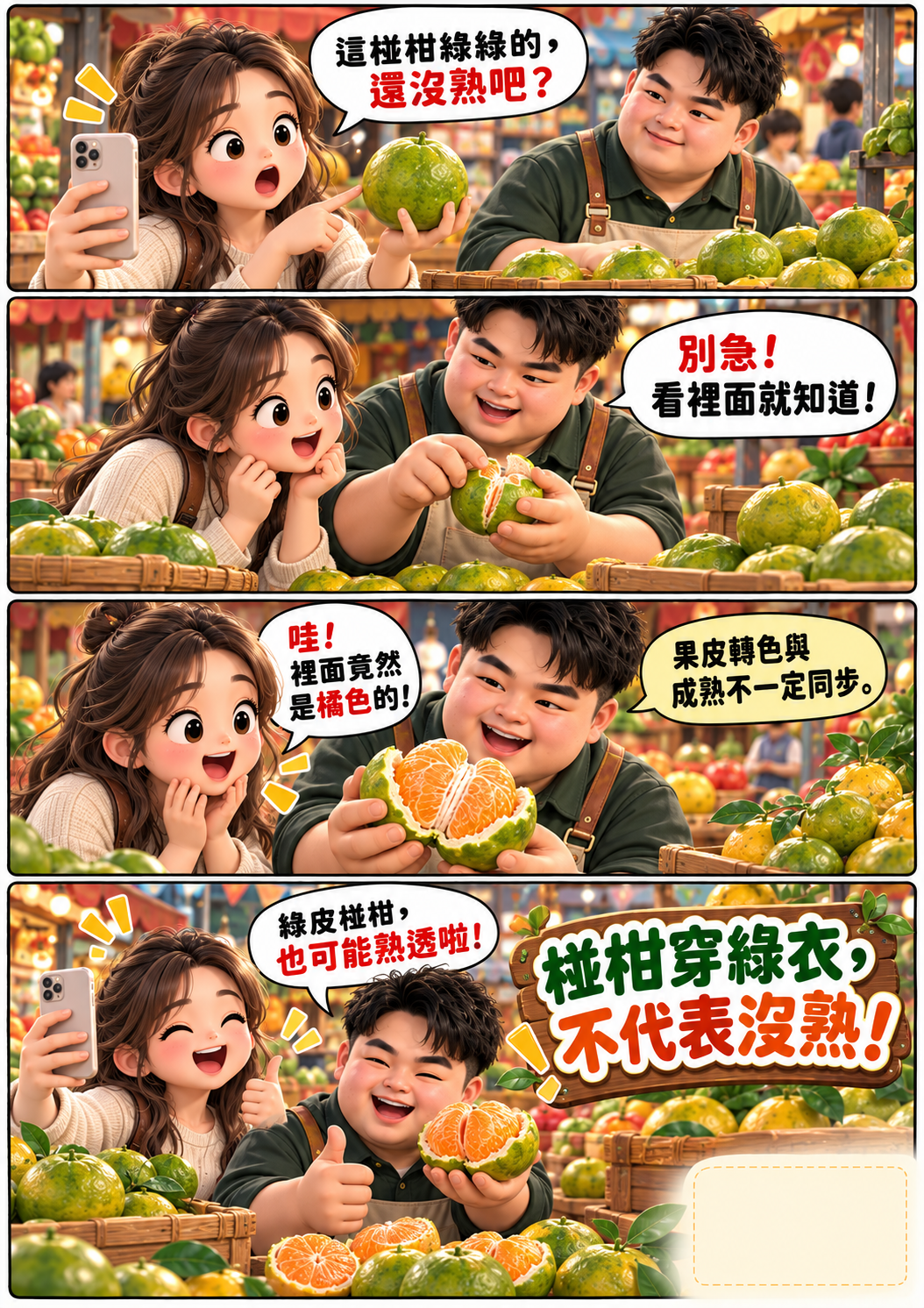 插畫呈現綠色椪柑剝開後果肉呈橘色，並說明果皮轉色與果肉成熟不一定同步