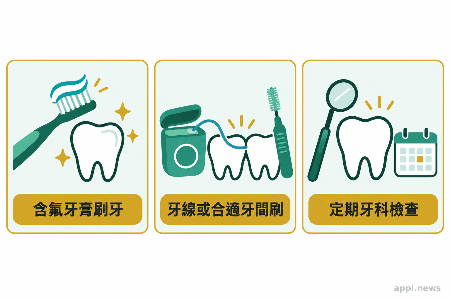三格並列呈現使用含氟牙膏刷牙、以牙線或牙間刷清潔牙縫,以及定期接受牙科檢查。