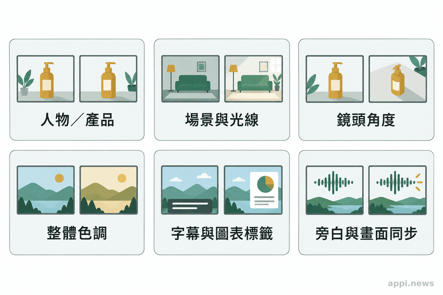 六個並列圖示呈現長影片的檢查項目，包括人物或產品、場景光線、鏡頭角度、色調、字幕圖表與旁白同步。