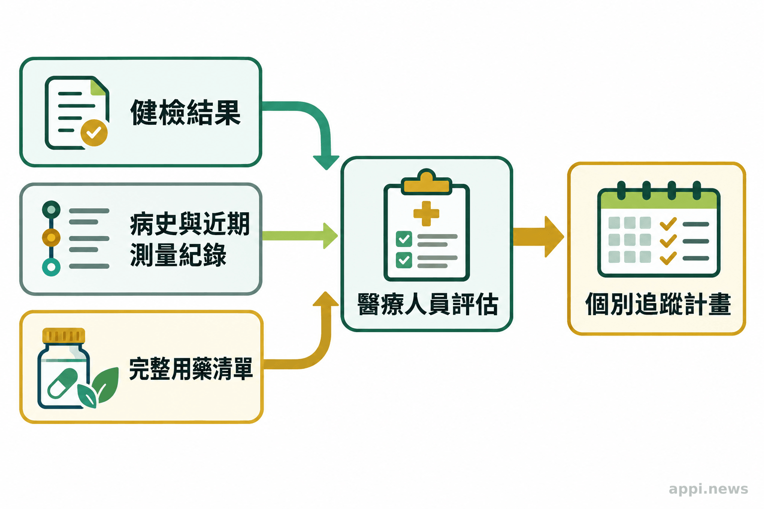 健檢結果、病史與近期測量紀錄、完整用藥清單匯入醫療人員評估,再連到個別追蹤計畫。