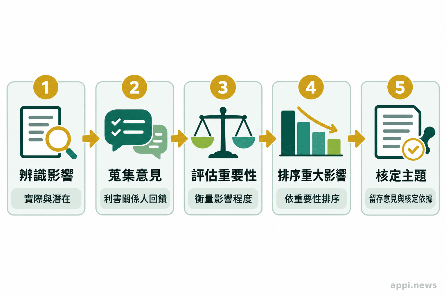五個相連步驟呈現醫院從辨識影響、蒐集意見到排序並核定重大主題。