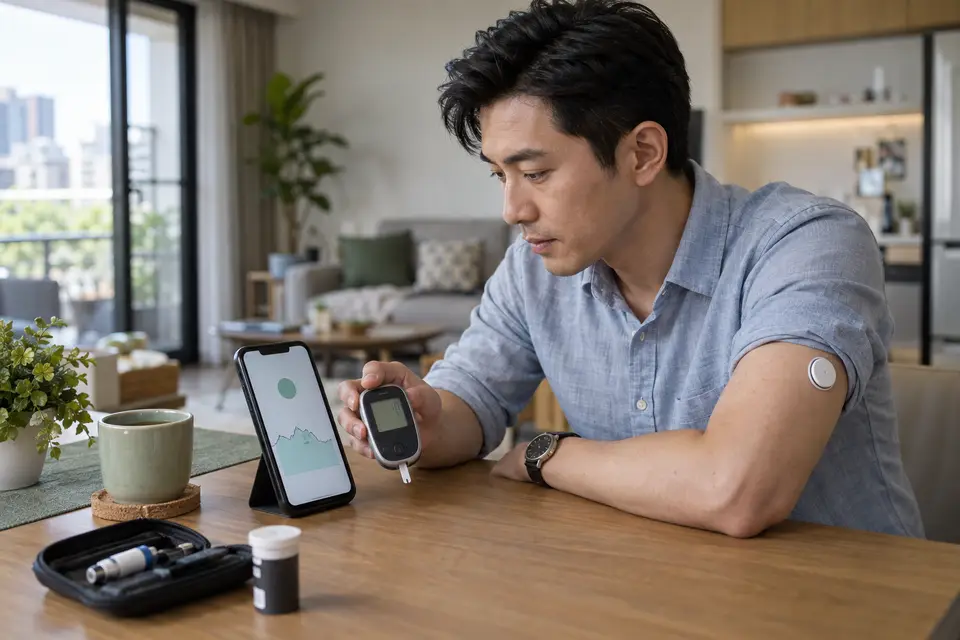 手部操作手機 App，將連續血糖監測發射器與感測器套組配對