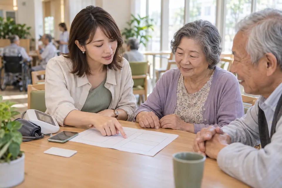 社區據點把照顧資源與人際連結放進日常生活 社區照顧據點中,工作人員與兩名長者一起討論照顧規劃
