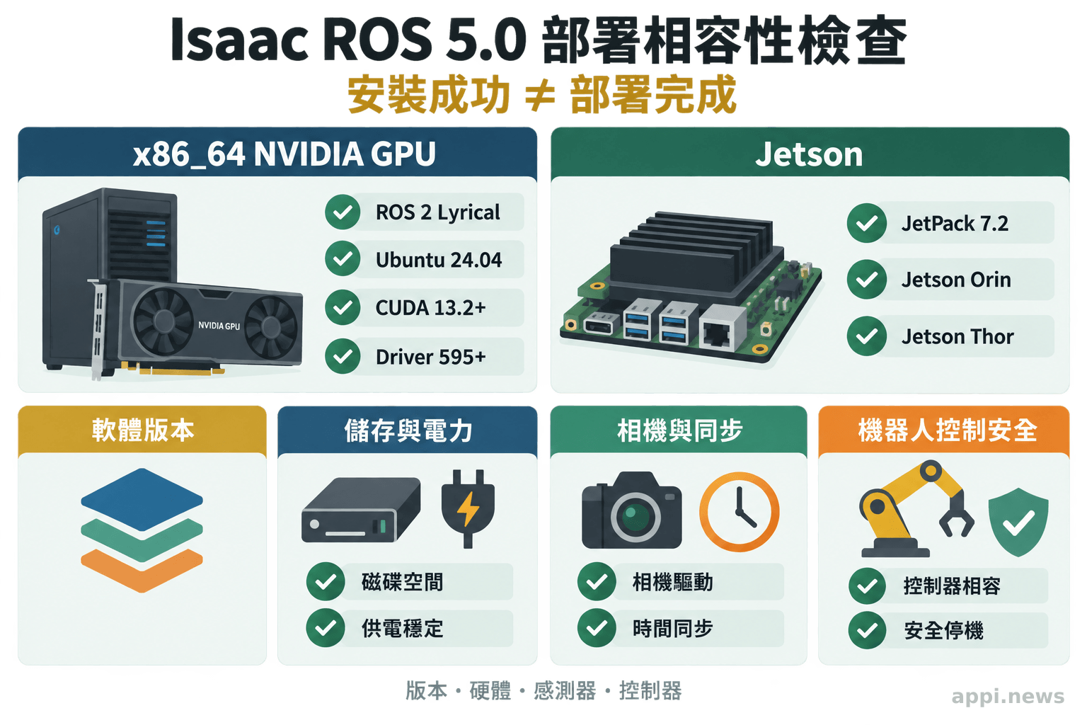 Isaac ROS 5.0 部署檢查圖並列呈現 x86_64 GPU 與 Jetson 路徑,以及軟體、儲存、感測器和安全控制條件