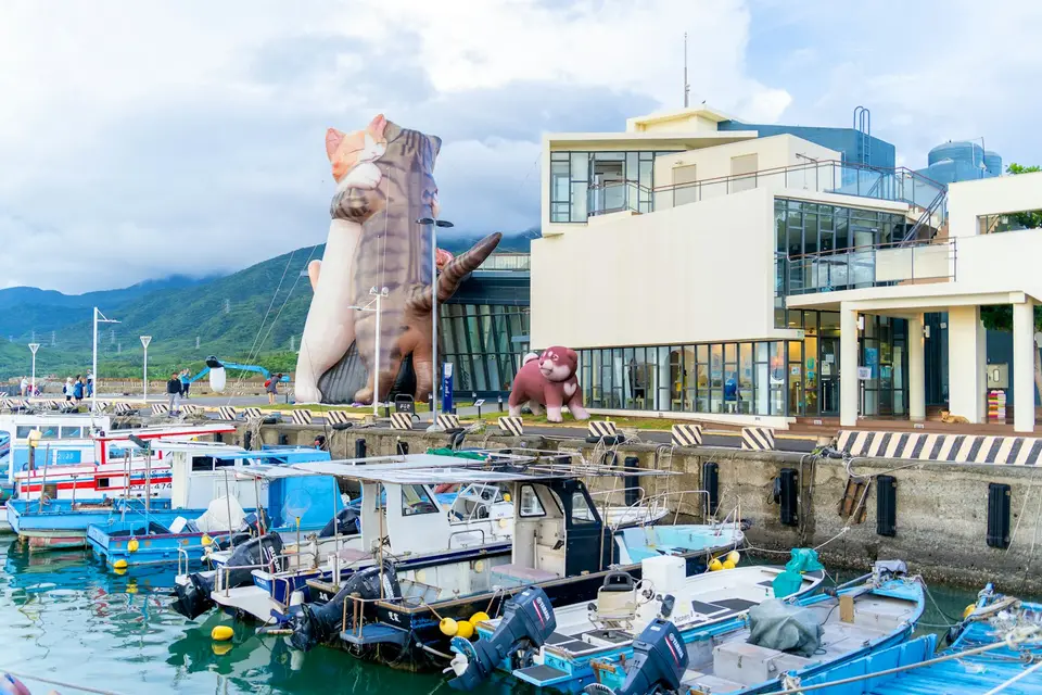 渡輪在海港附近航行,呈現離島旅運的搭船情境