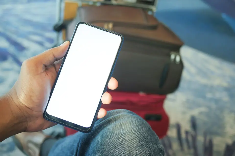 旅客在機場行李旁用手機查看入境與海關電子申報資訊