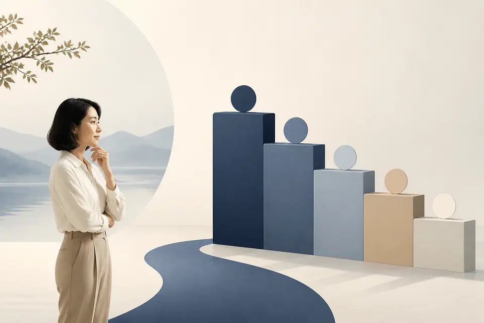 女性看著由高到低排列的五層心血管風險立體階梯
