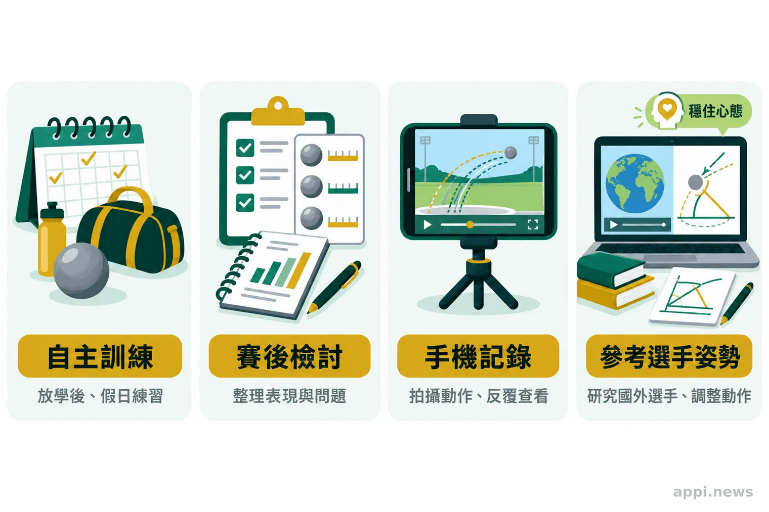 四張並列資訊卡呈現自主訓練、賽後檢討、手機記錄動作及參考選手姿勢等調整方式。