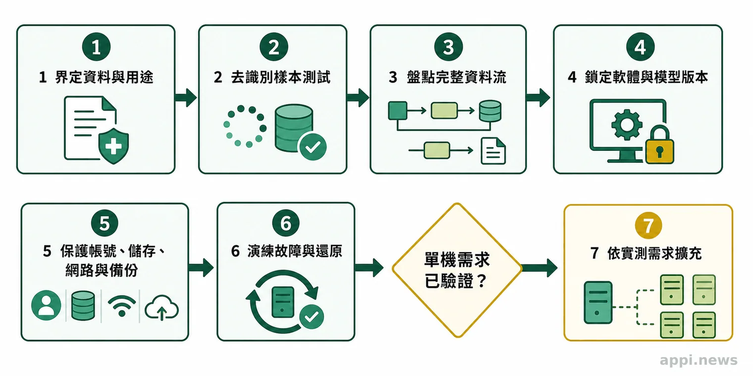 七個箭頭串聯的部署流程，從界定資料用途、去識別測試與資料流盤點，依序走到安全設定、還原演練及需求驗證後擴充。